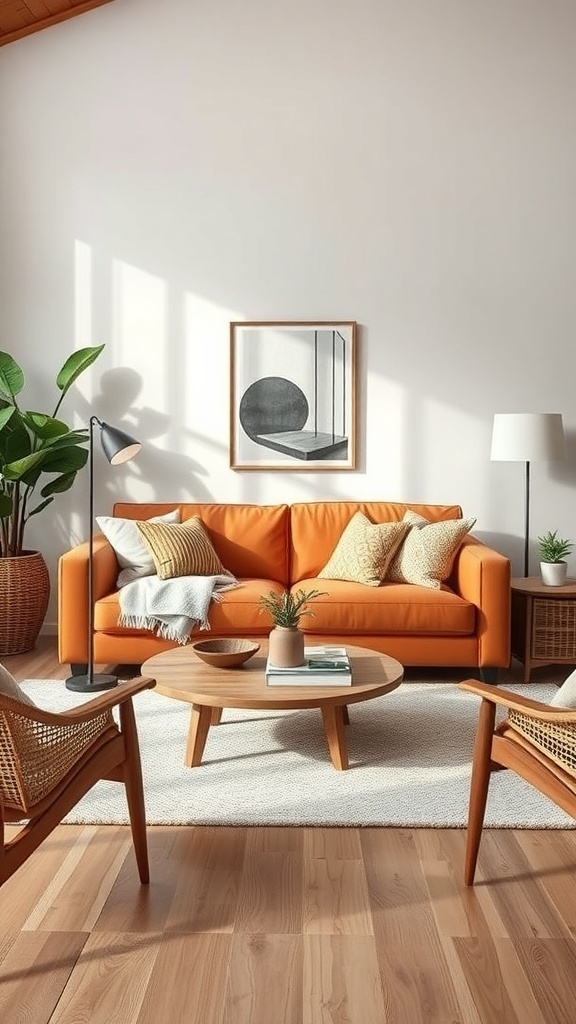 Cozy living room featuring a cognac couch, wooden chairs, and a round coffee table.
