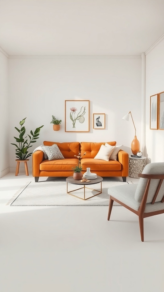 A cozy living room featuring a cognac-colored couch, light walls, and simple decor.