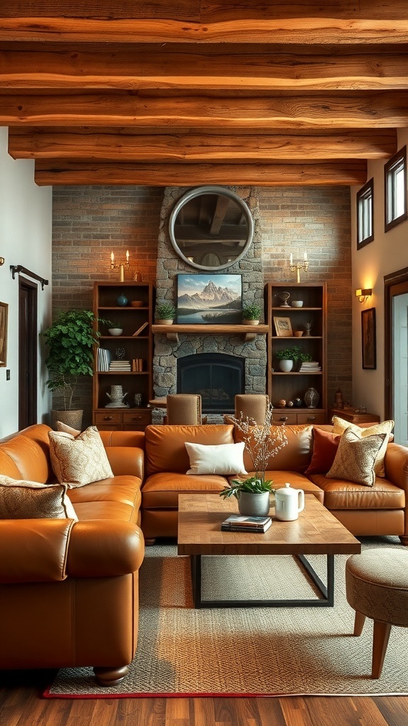 A cozy rustic living room featuring a cognac leather couch, wooden beams, and a stone fireplace.