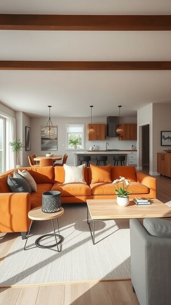 Cozy open concept living room with a cognac couch, light wood accents, and natural light.
