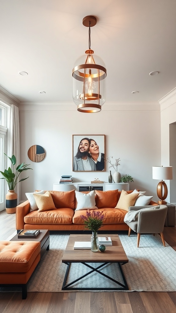 A cozy living room featuring a cognac sofa with statement lighting above, complemented by a coffee table and decorative plants.