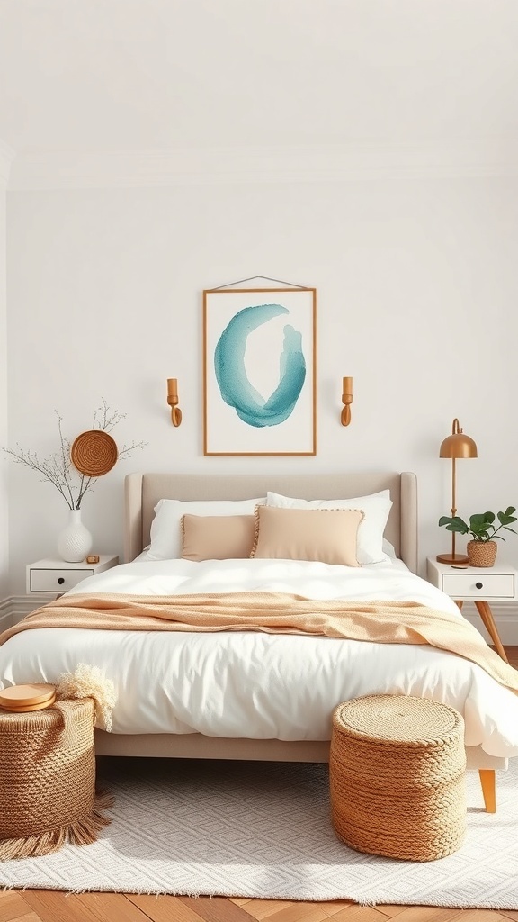 A neutral bedroom featuring a bed with white linens, abstract wall art, woven baskets, and soft lighting.