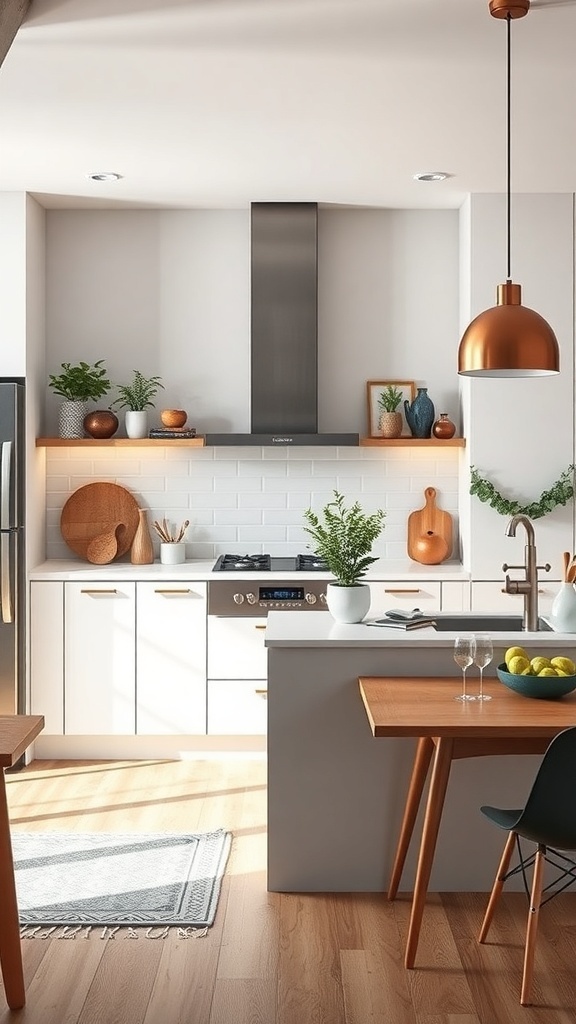 A modern kitchen featuring white cabinetry, wooden accents, and copper pendant lights.