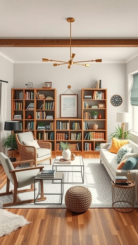 Cozy reading room with wooden bookshelves, comfortable seating, and warm lighting.