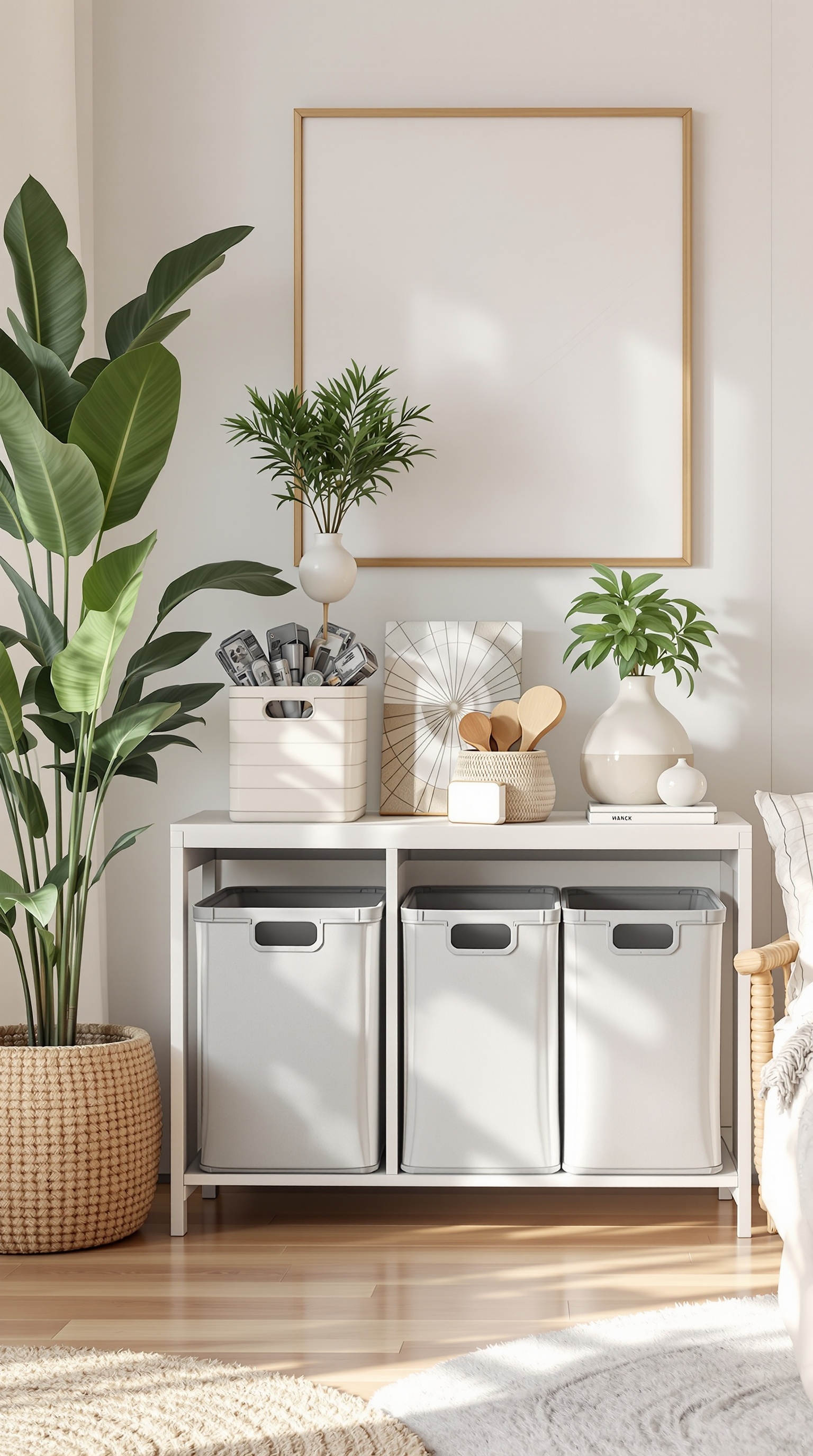 Stylish storage unit with collapsible bins and decorative items