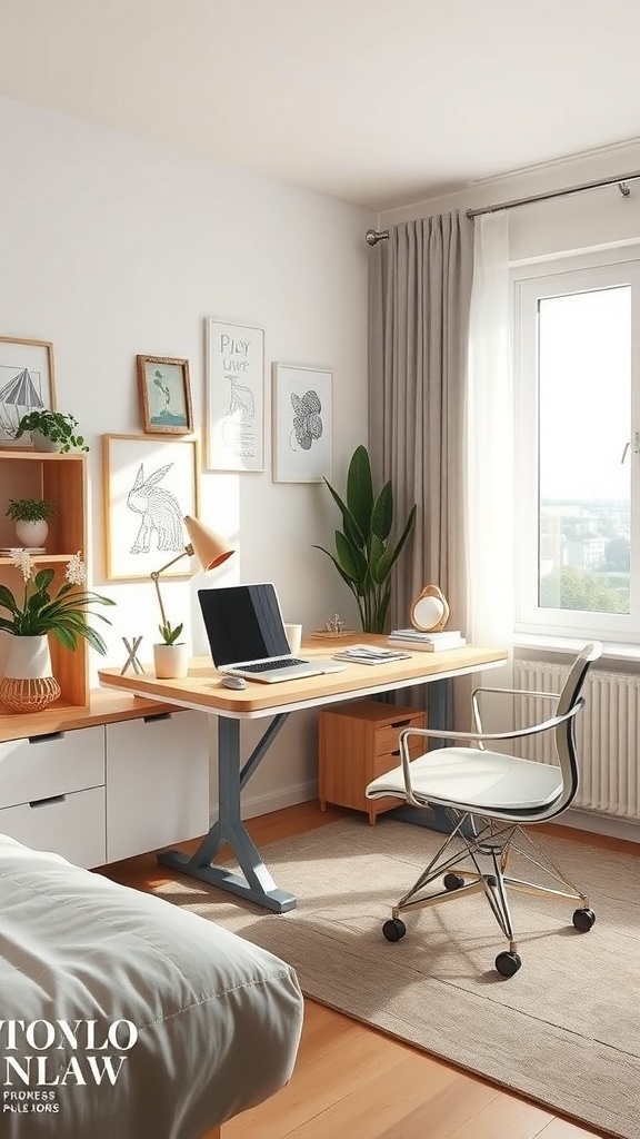 A small, bright desk setup featuring a laptop, a plant, and framed art on the walls.