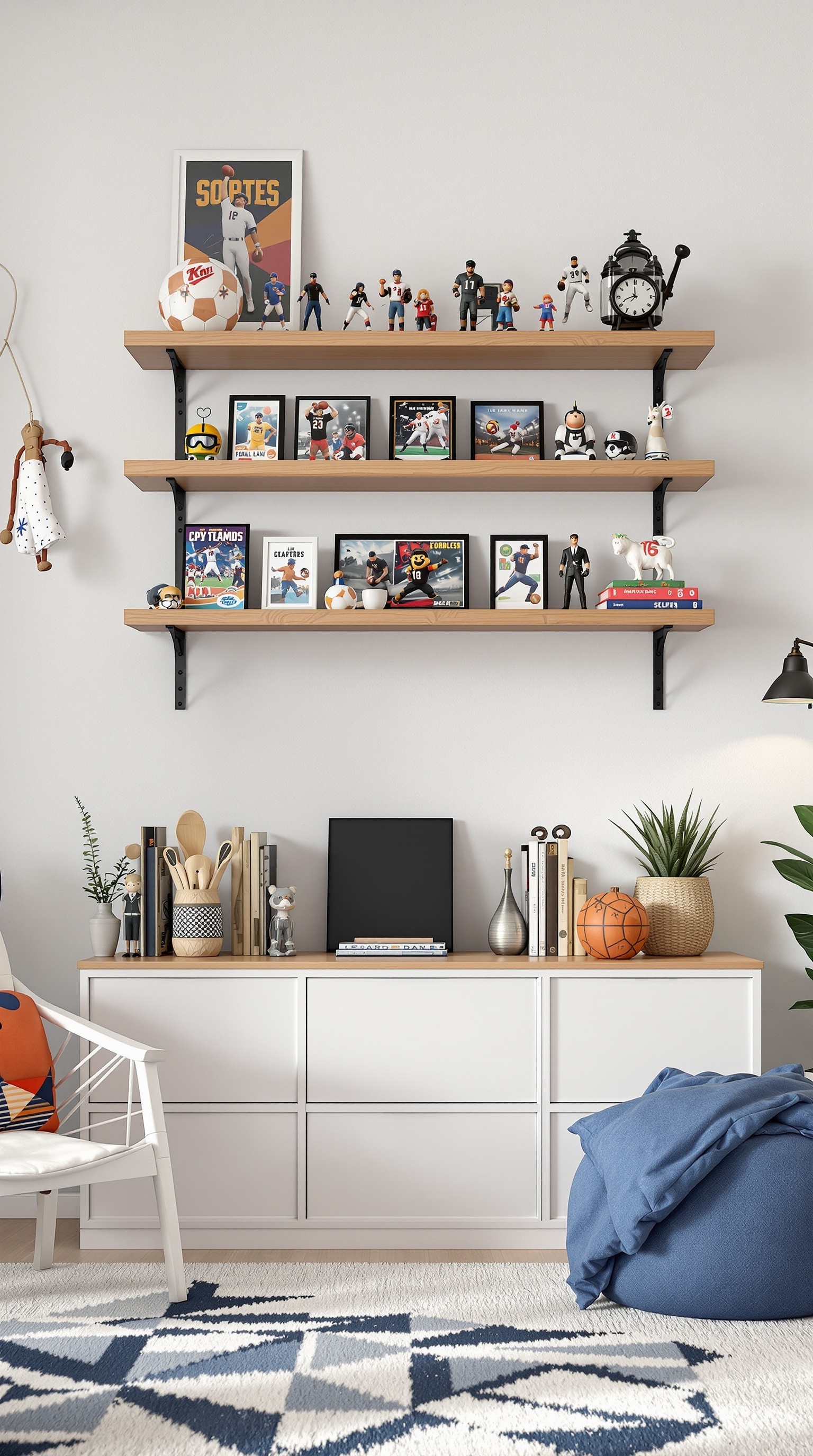 A stylish kids sports bedroom featuring shelves with collectible sports memorabilia, including action figures and framed photos.