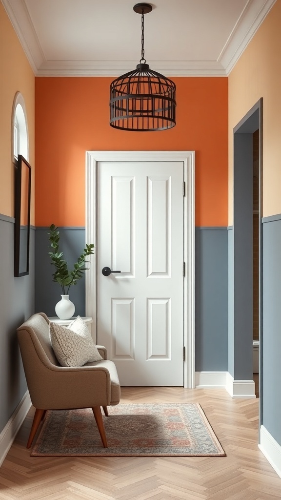 A stylish entryway with color-blocked walls featuring orange and gray sections.