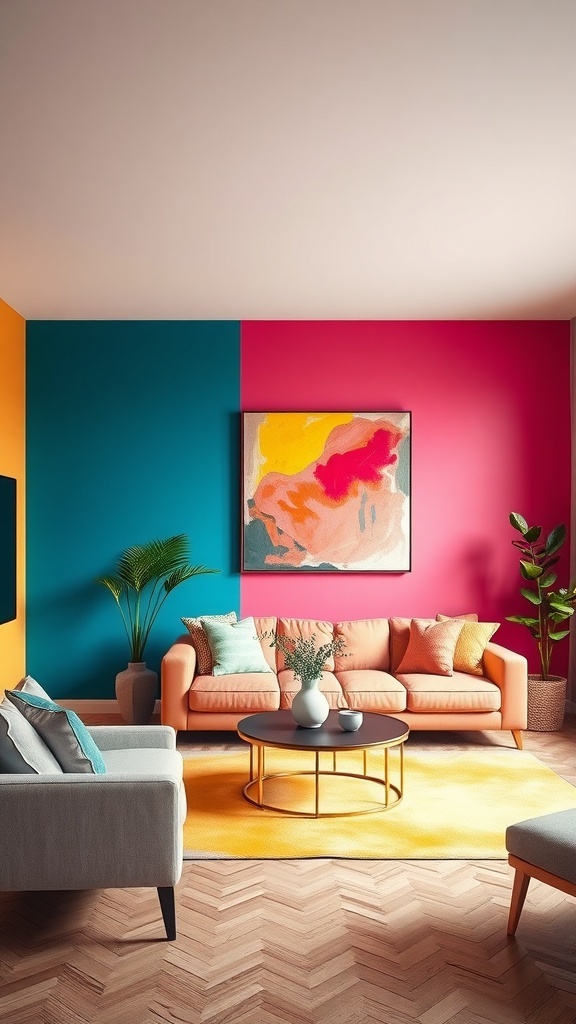 A living room with color-blocked walls in teal, pink, and orange, featuring a cozy sofa and vibrant decor.