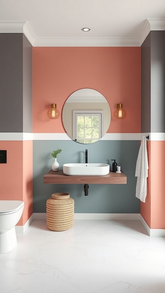 A bathroom with color-blocking techniques featuring coral, gray, and blue walls.