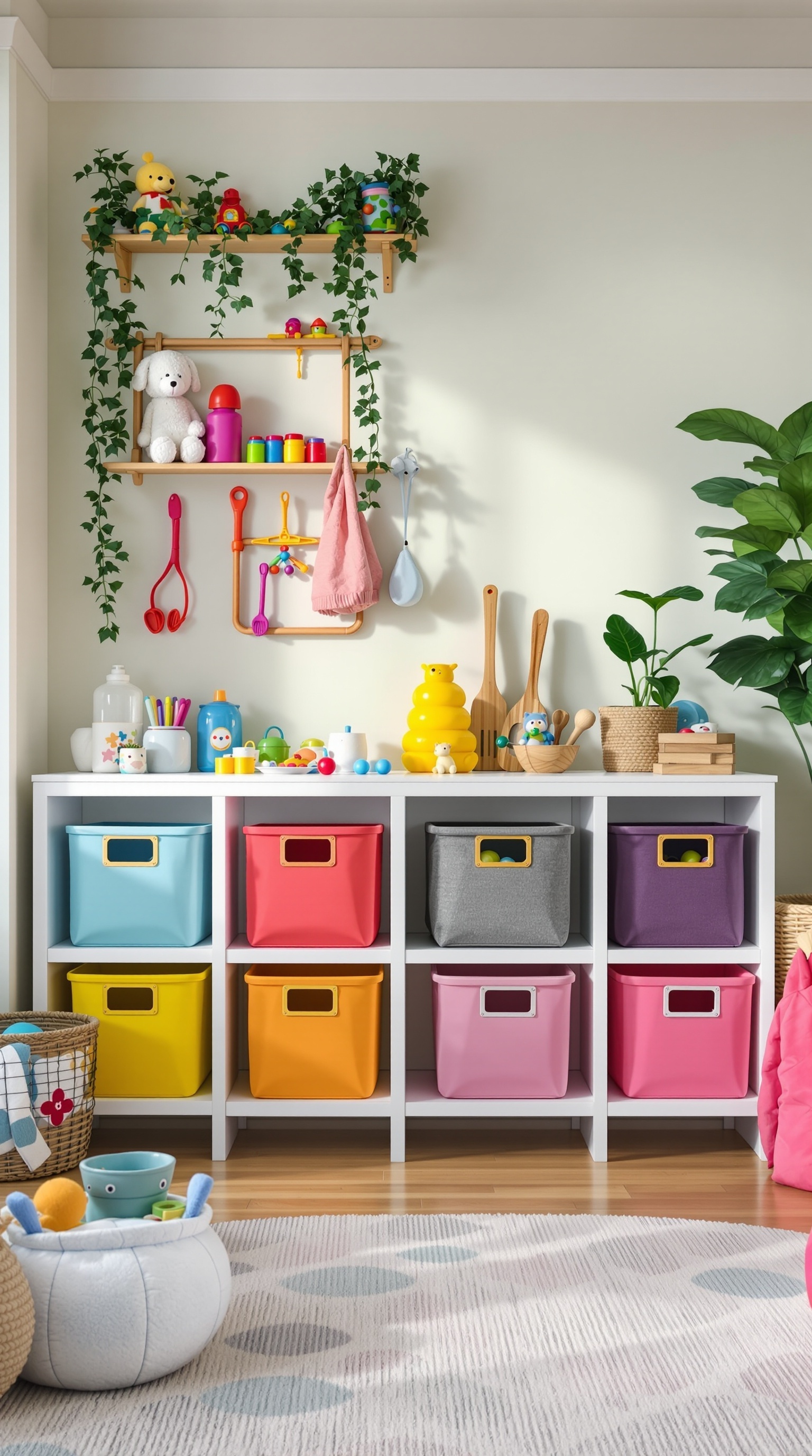 Color-coded baskets for organizing toys on a shelf