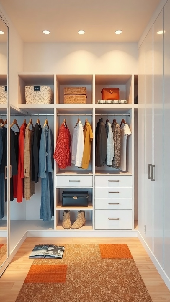 A neatly organized wardrobe with color-coded clothing arrangement