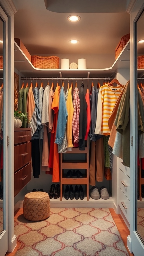 A small walk-in closet organized by color with hanging clothes, shoes, and storage baskets.