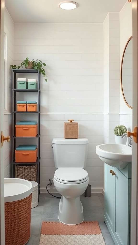A small, organized bathroom with color-coded storage boxes and a plant.