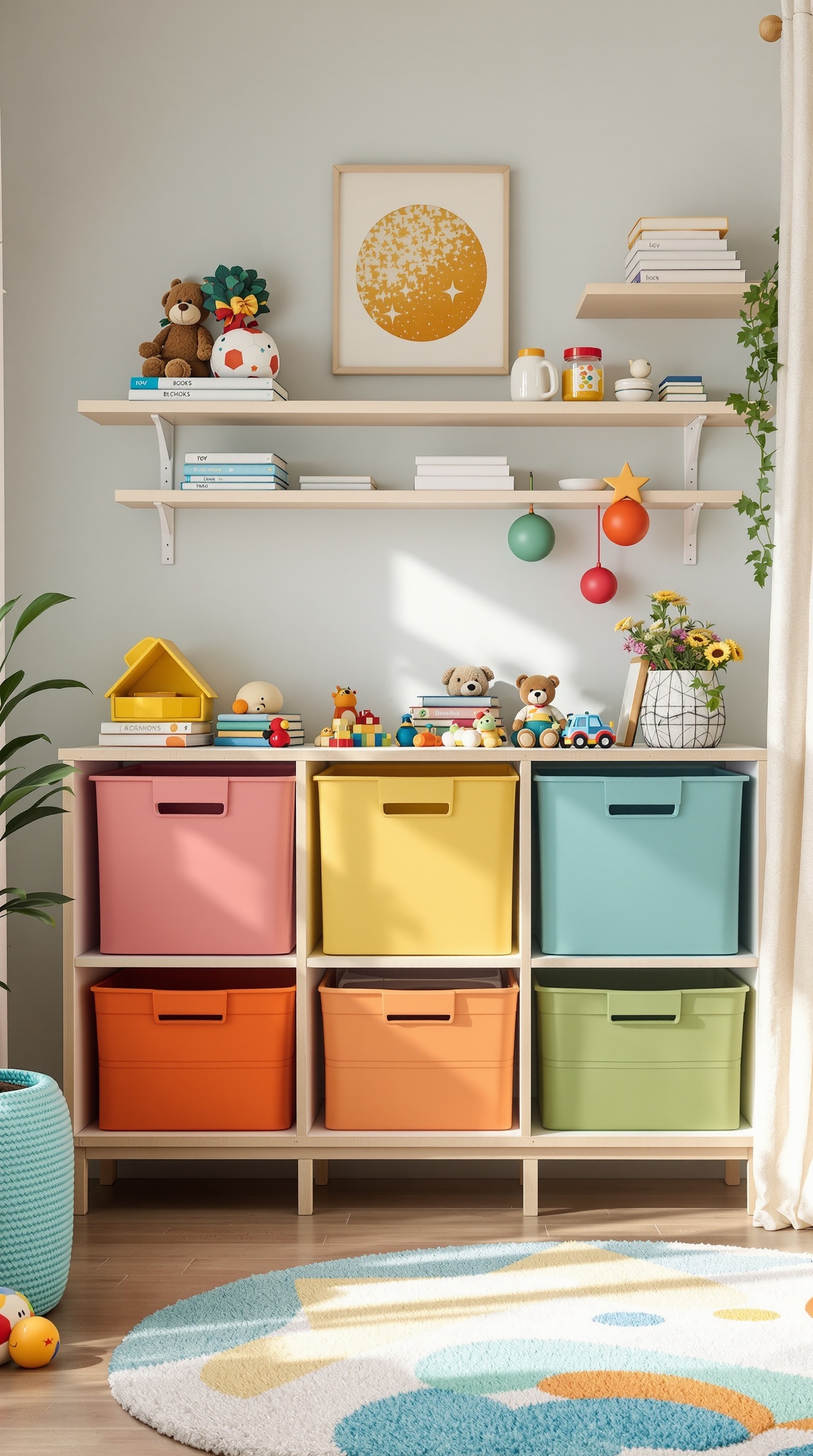 A colorful toddler room with organized storage bins and playful decor.