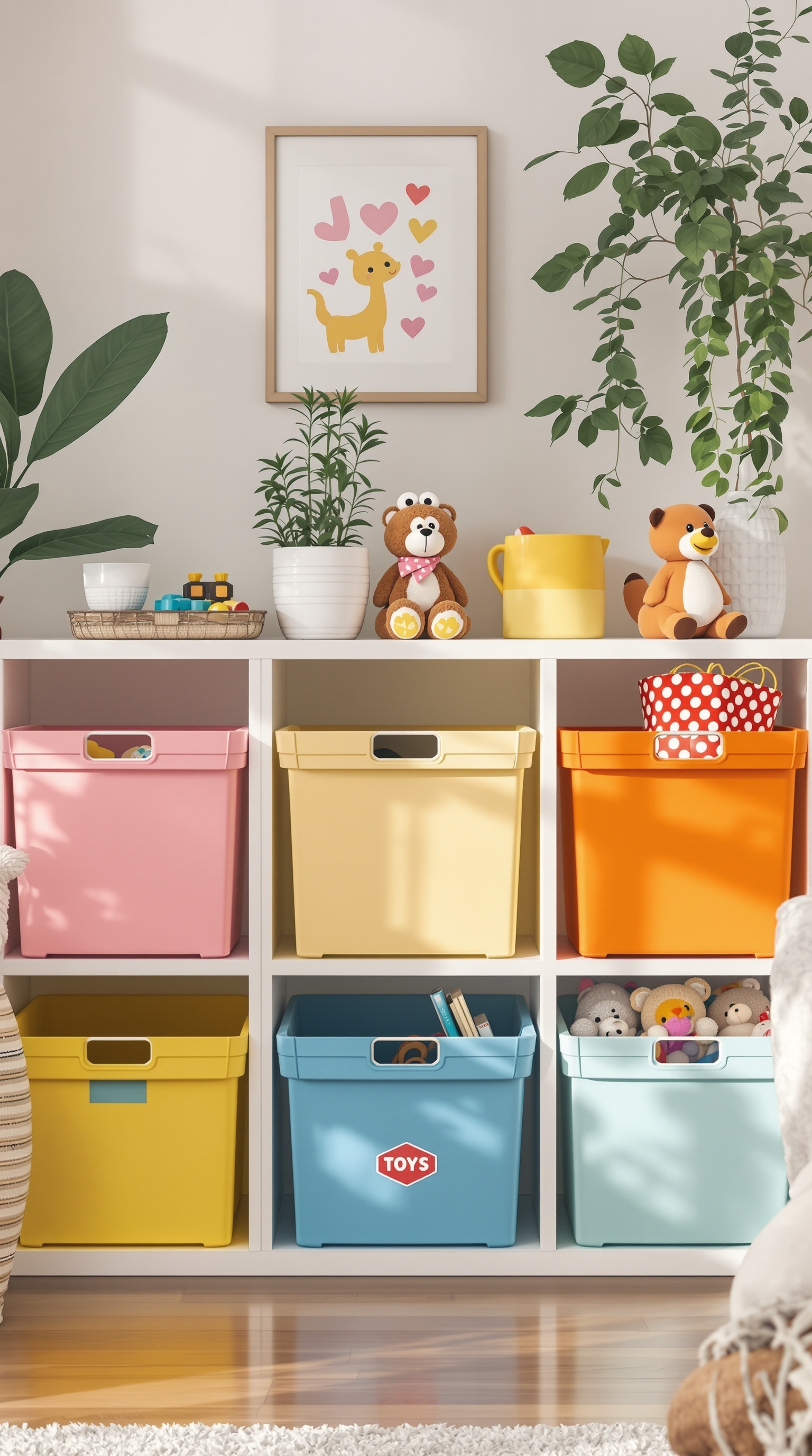 Color-coded storage bins in a living room, organized by color for easy toy storage.