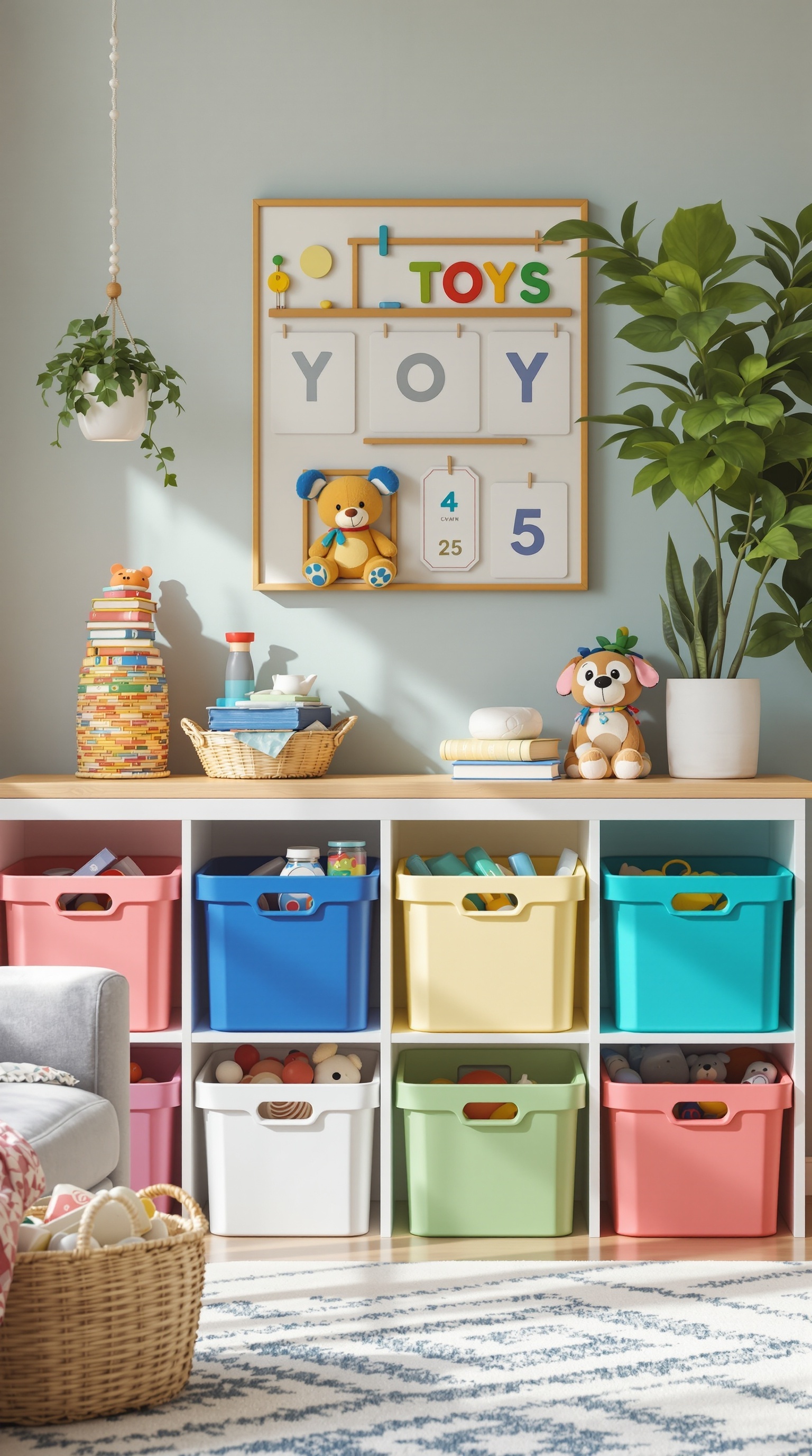 Color-coded toy storage in a living room with colorful bins and a cheerful atmosphere.