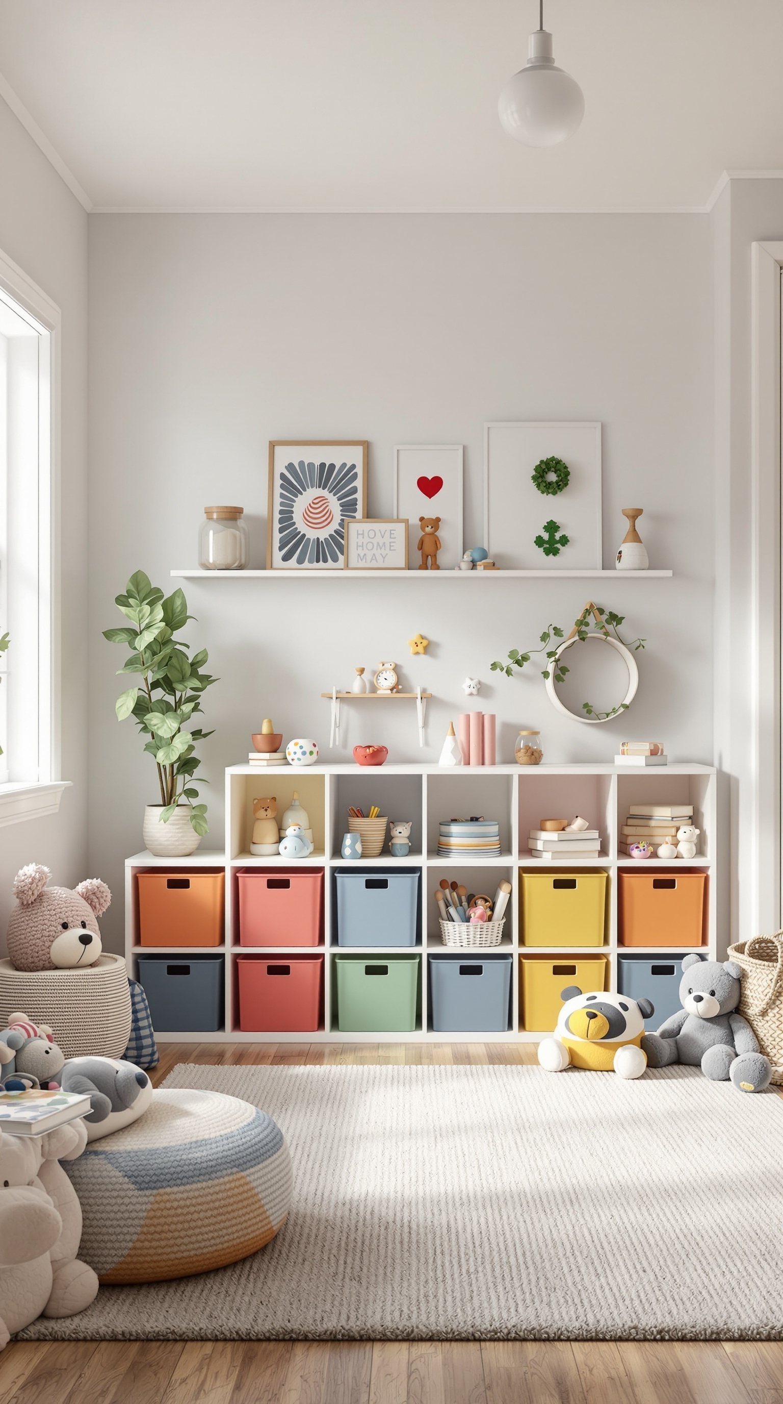 A colorful toy room with neatly organized storage boxes and playful decor.