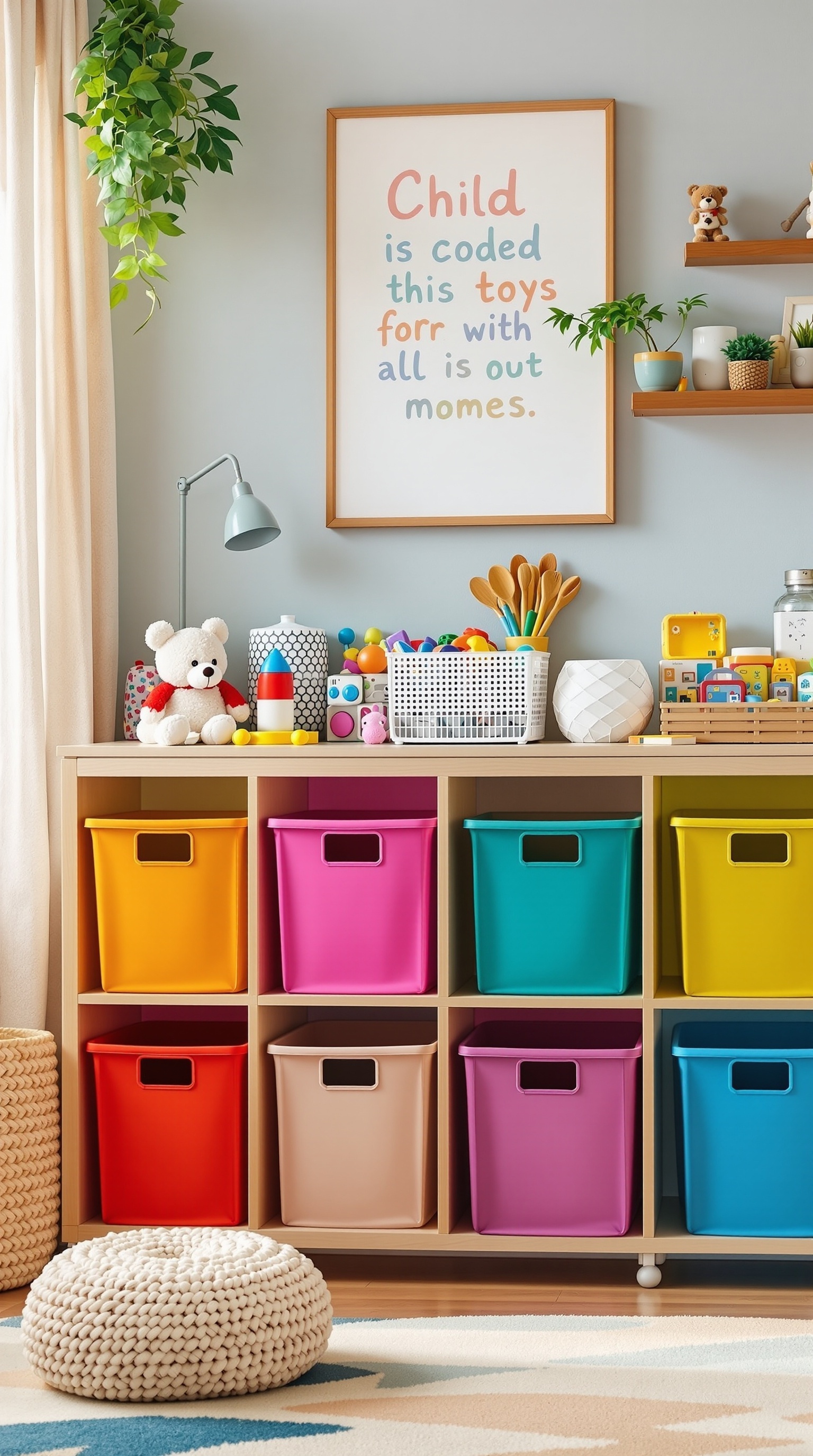 Color-coded toy storage system with colorful bins and toys in a nursery