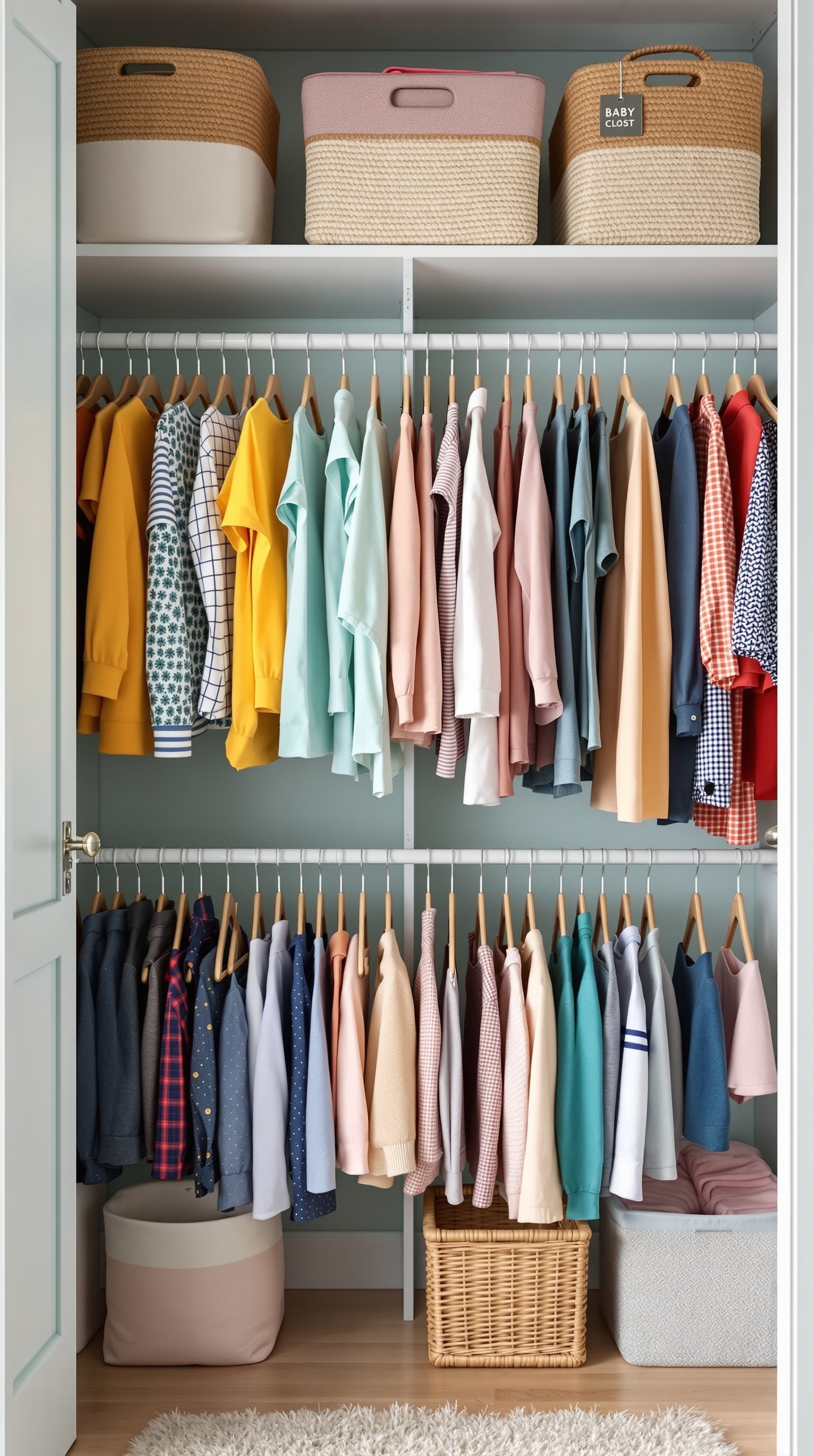 A well-organized baby closet with color-coded clothes and storage baskets.
