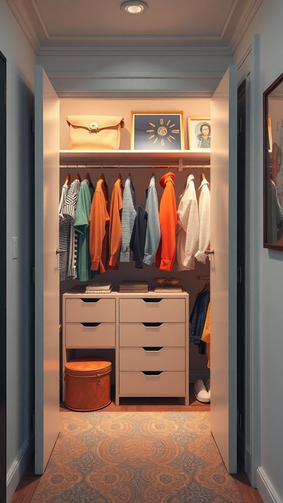 A small closet organized with color-coded clothing, featuring a variety of shirts and jackets in different colors, along with storage bins and a decorative touch.