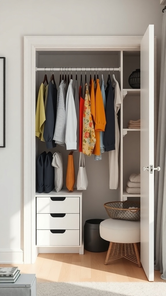 A well-organized closet with color-coded clothes and neatly folded items.