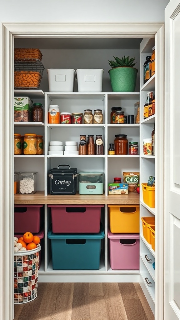 A well-organized pantry with color-coded bins and jars for easy identification.