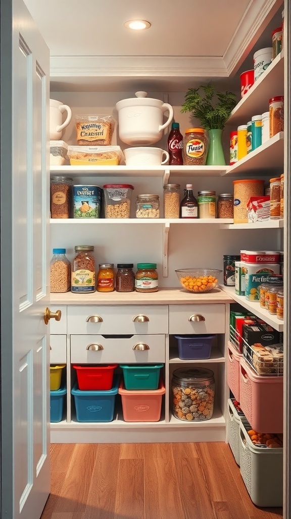 A well-organized pantry with color-coded bins and containers.