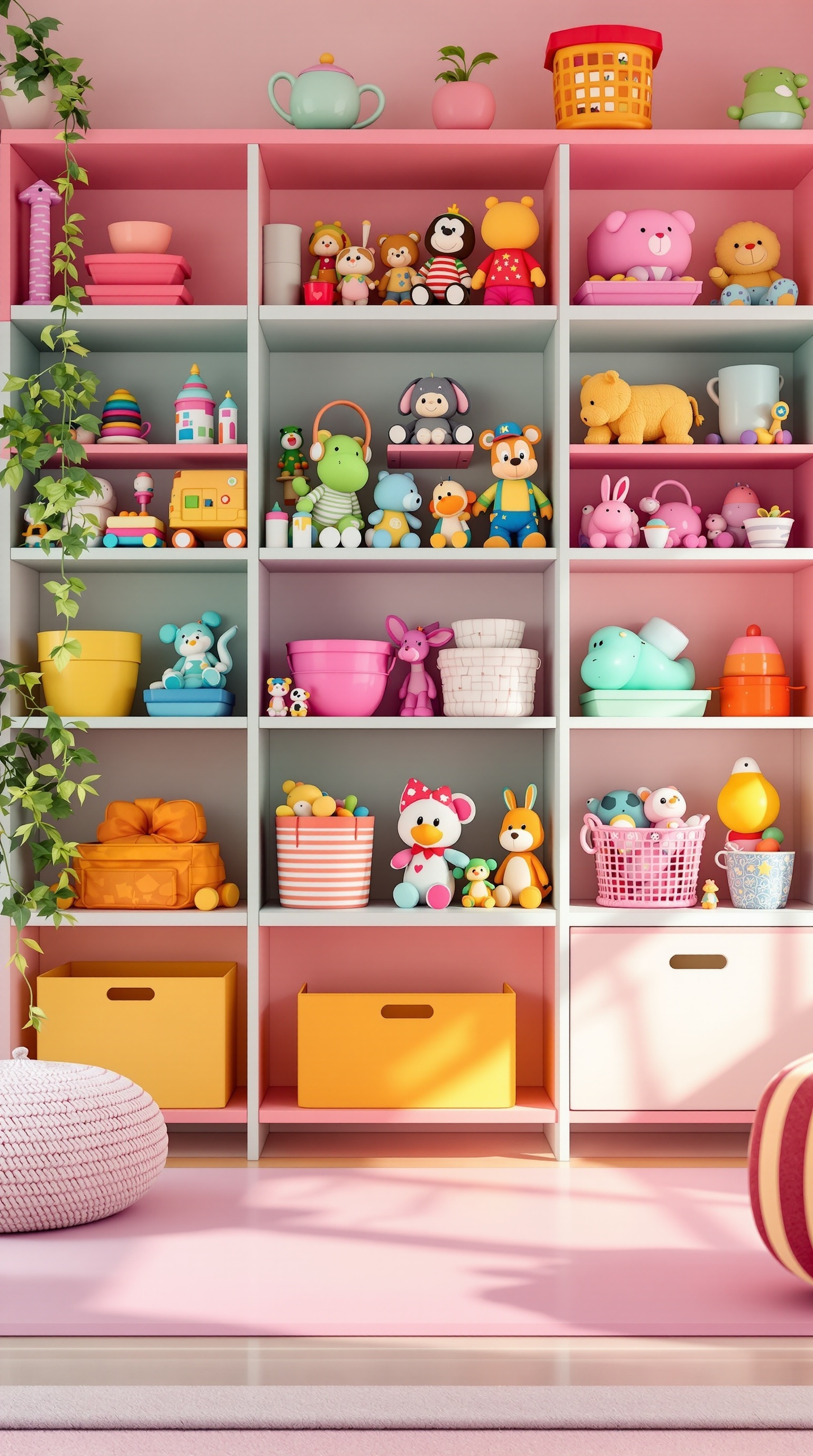 A colorful toy shelf filled with various toys arranged by color, featuring pink, yellow, and green items.