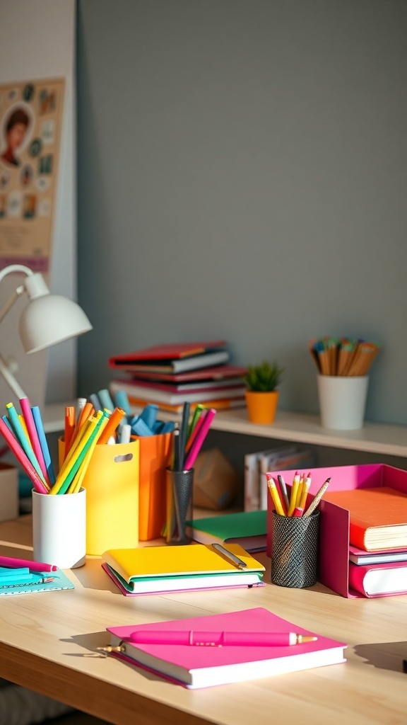 A colorful desk with various office supplies organized in bright containers and notebooks.