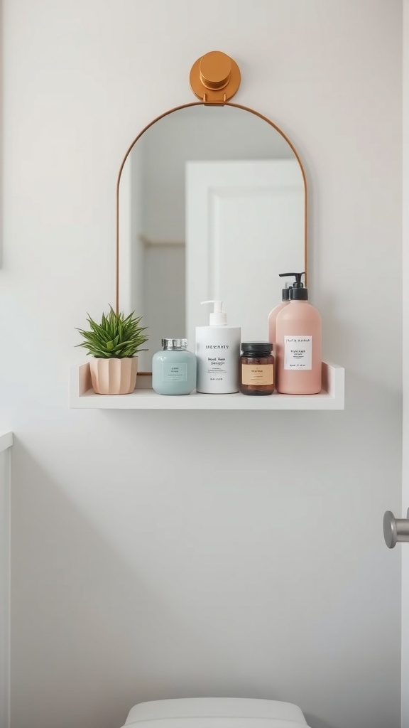 Color-coordinated shelf decor in a small bathroom featuring a mirror and neatly arranged skincare products.