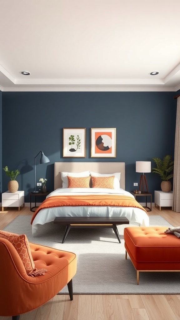 A modern bedroom featuring a blue wall and orange accents, showcasing color blocking design.