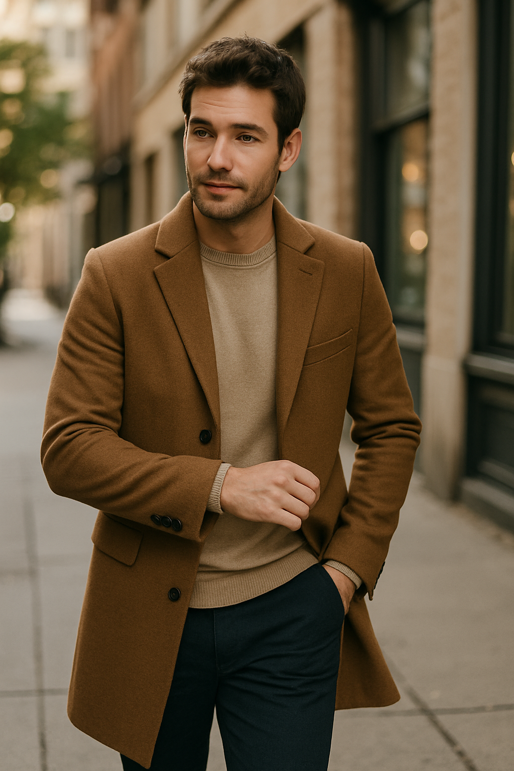 A man in a brown coat and beige sweater, standing outdoors