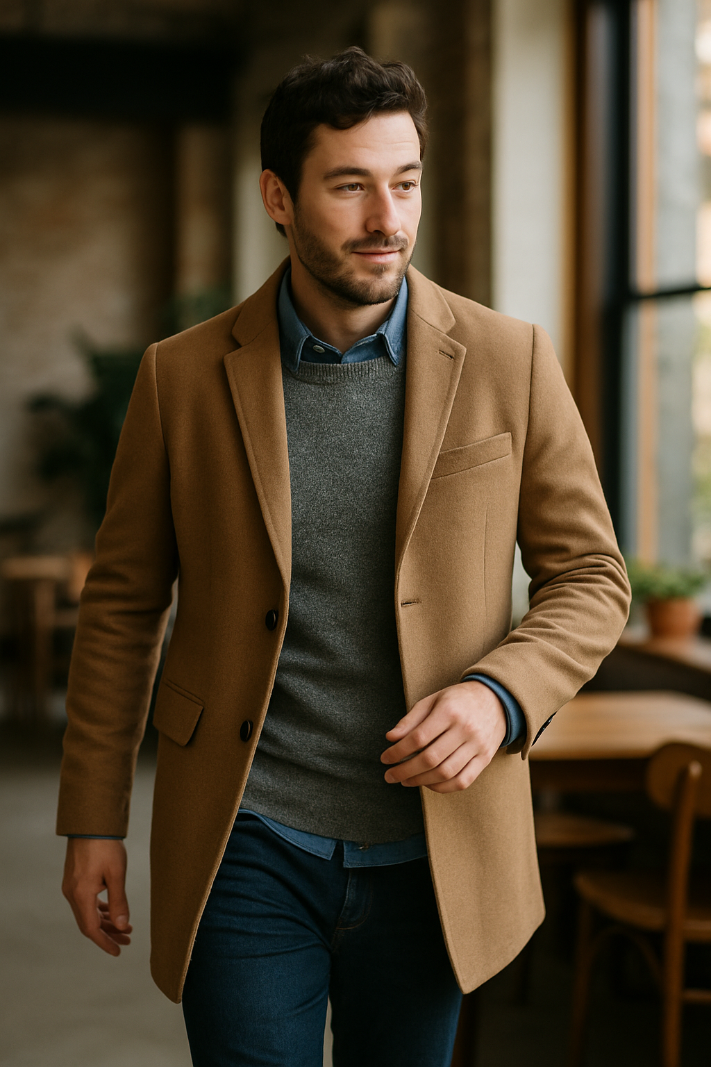 A man wearing a tan blazer over a gray sweater and light blue shirt, walking in a stylish indoor setting.