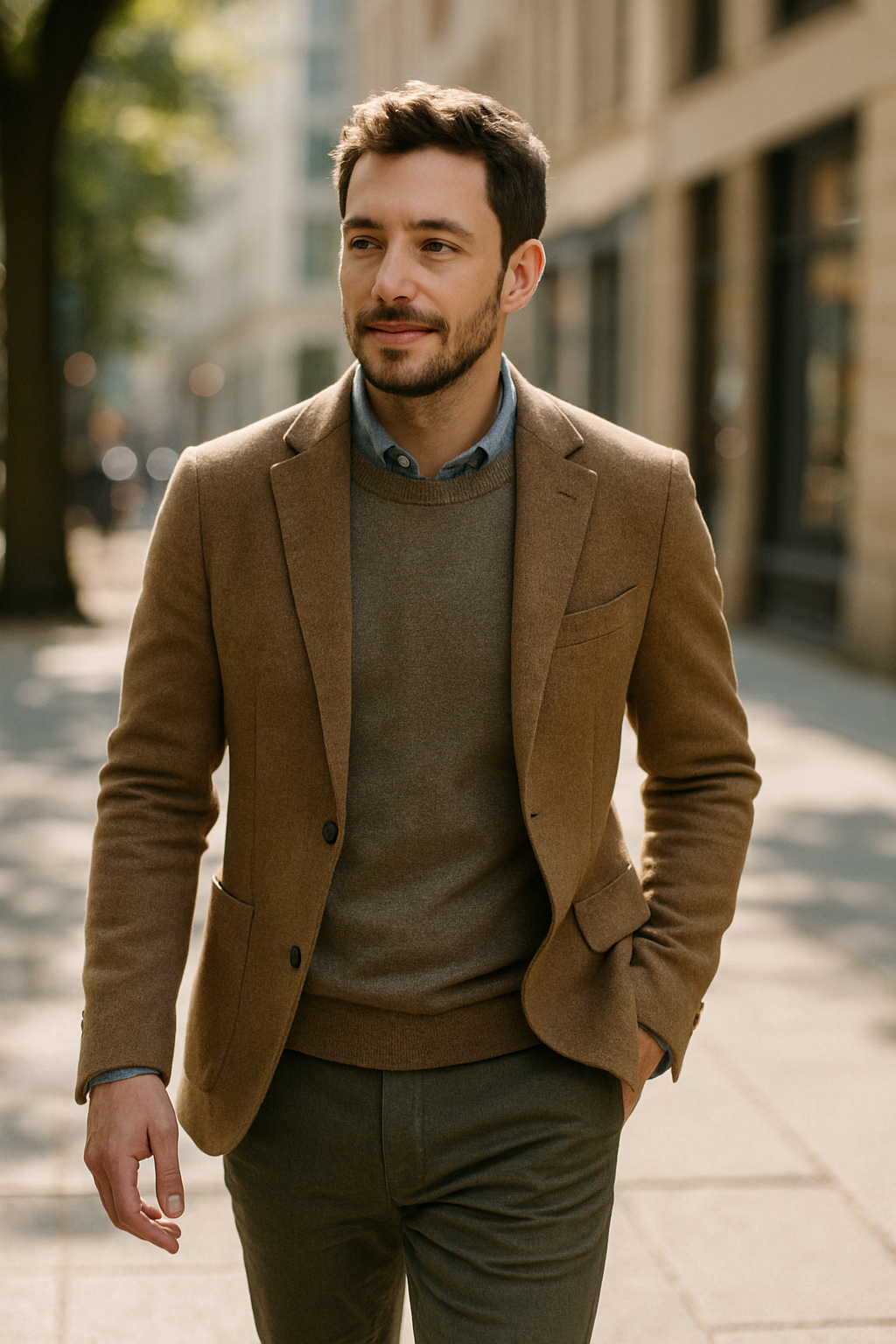 A man in a brown blazer, light sweater, and tailored trousers walking in a city setting.