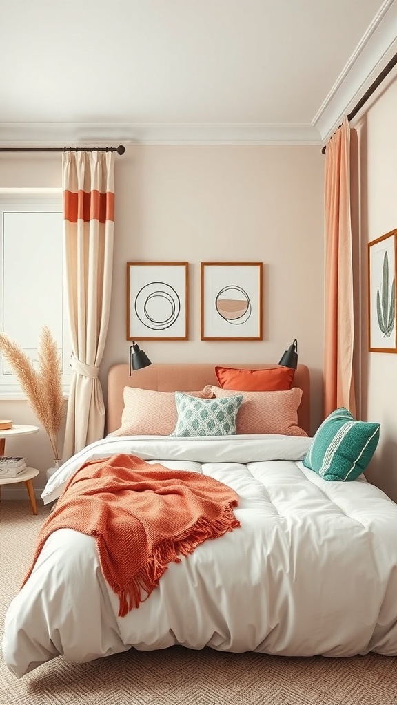 A small guest bedroom featuring peach and coral tones with patterned pillows and soft bedding.
