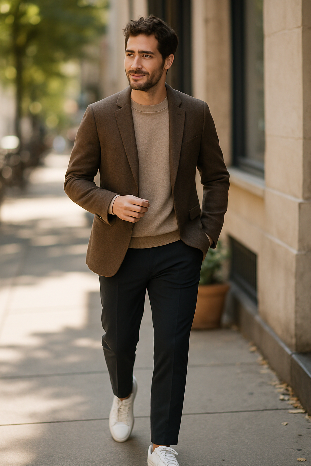 A man walking in a brown blazer, beige sweater, and sneakers, showcasing a stylish suit with sneakers look.