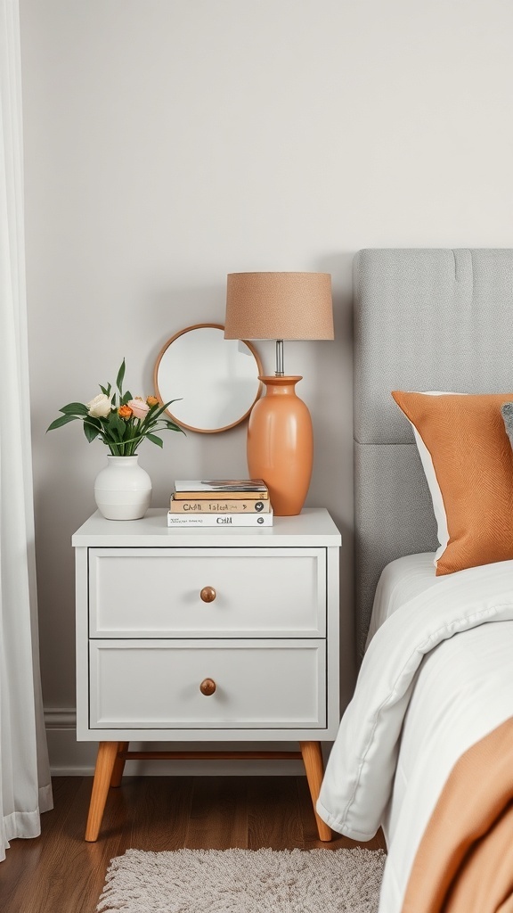 A well-organized nightstand featuring a white table, orange lamp, and flowers, showcasing color coordination.