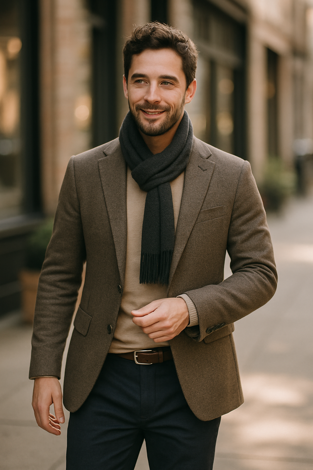 A man in a brown blazer and scarf, smiling while walking outdoors.