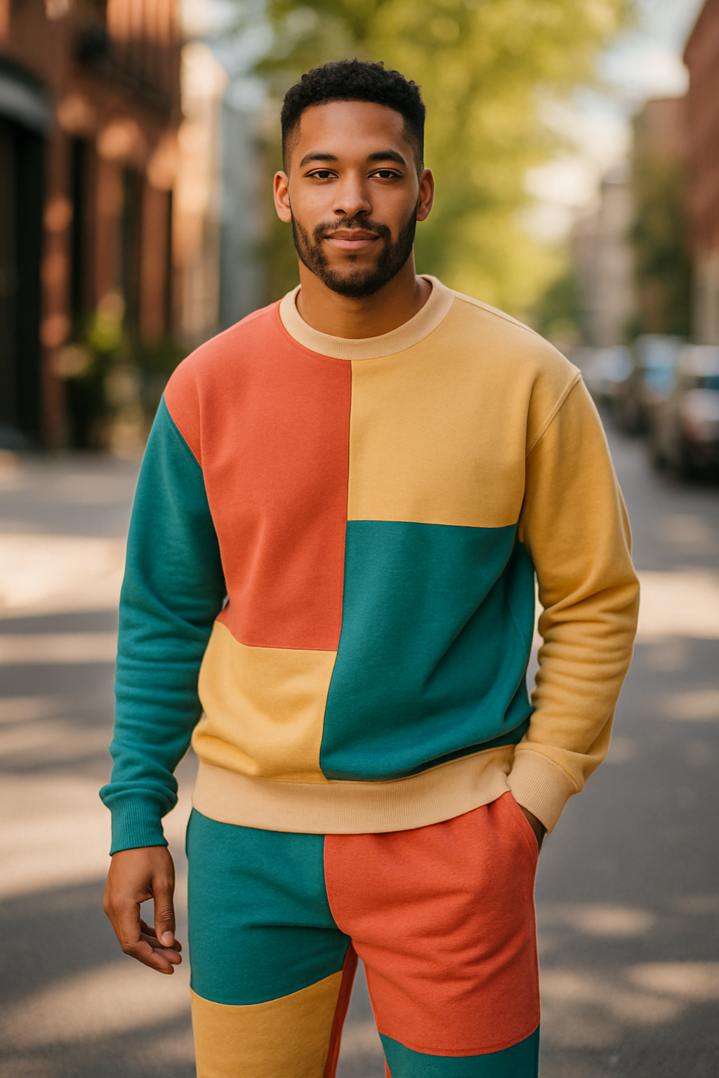 A man wearing a colorful sweatpants outfit with blocks of red, yellow, and teal.