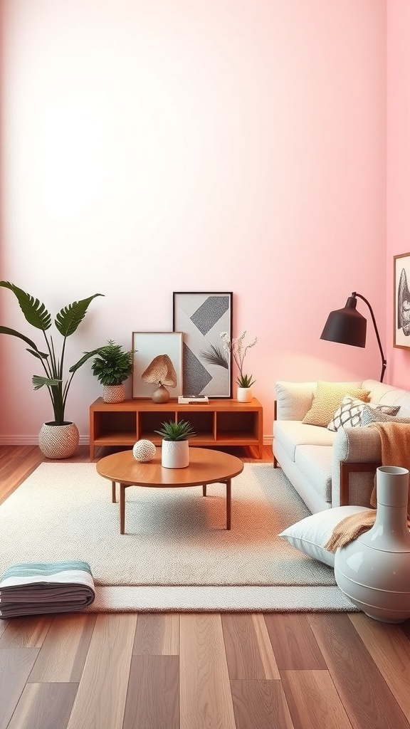 A cozy living room with a gradient wall transitioning from soft pink to white, featuring plants and a stylish sofa.