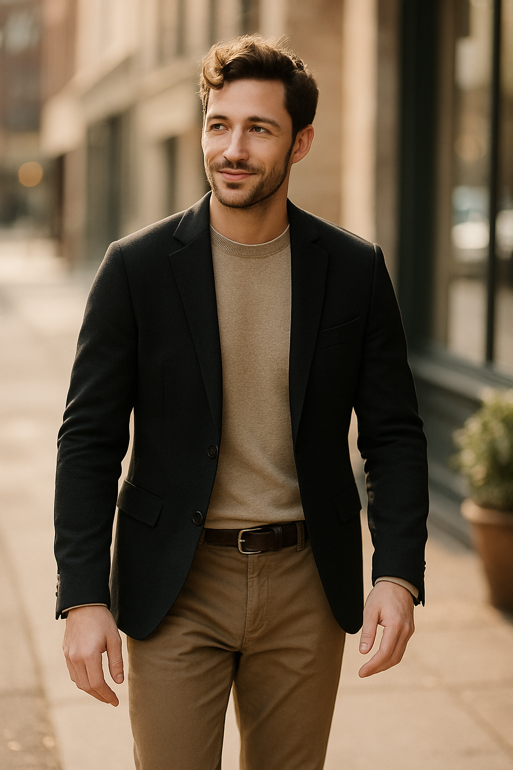 A man wearing a black blazer over a beige sweater with light brown trousers, walking along a city street.
