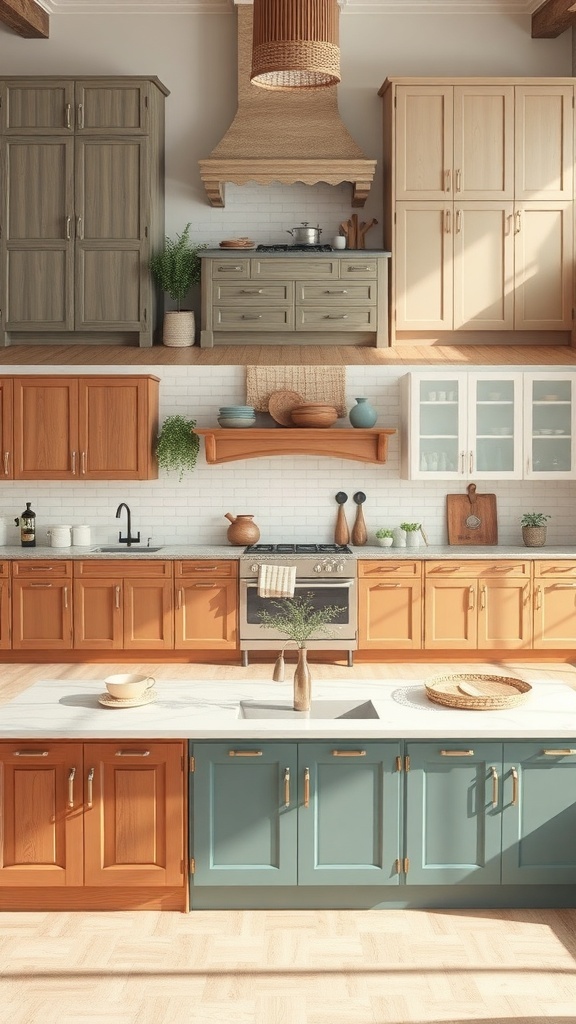 A rustic kitchen featuring a variety of cabinet colors including green, brown, and blue.
