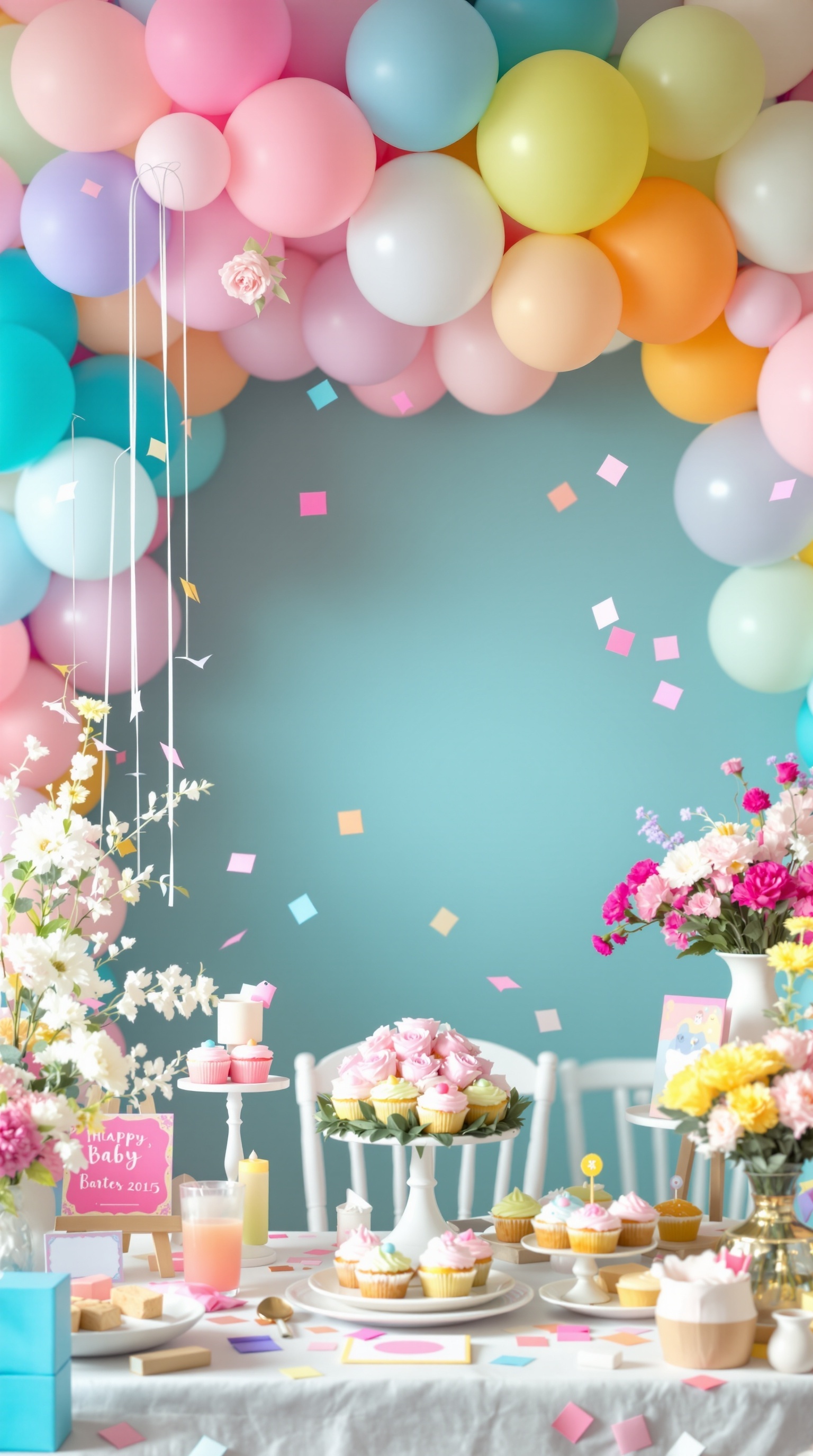 A colorful balloon arch with pastel balloons and decorative elements for a baby shower.