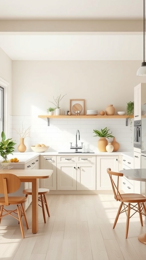 A modern kitchen featuring a neutral color palette with wooden furniture and plants.