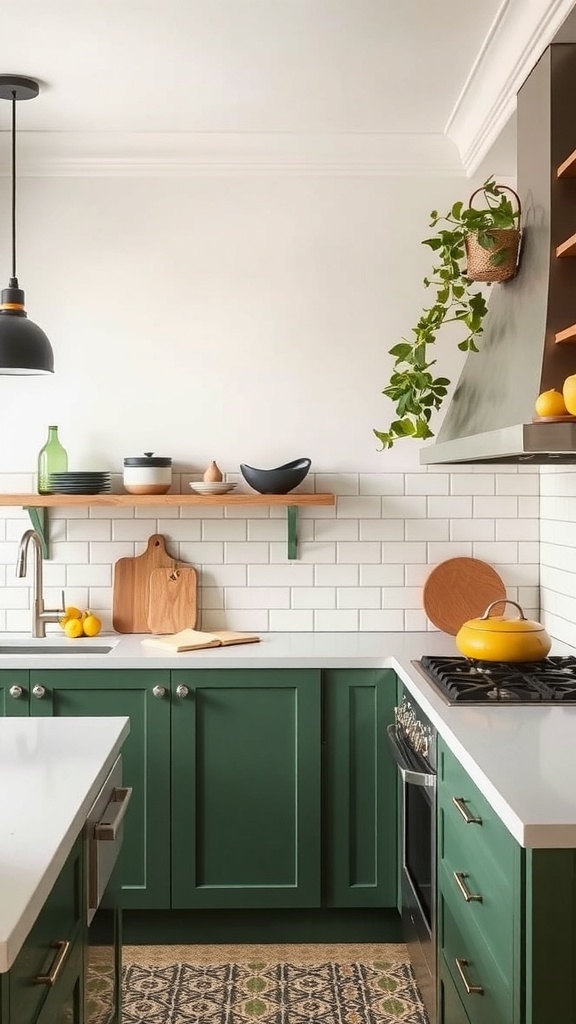 A cozy kitchen with green cabinets, yellow accents, and a leaf artwork on the wall.
