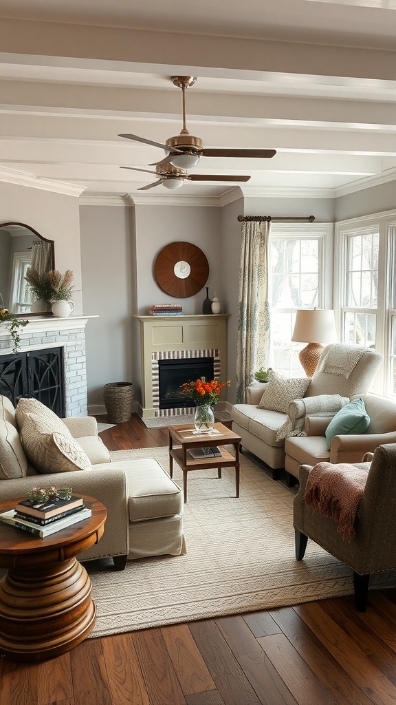 Cozy cottage living room featuring earthy tones with beige sofas, wooden floors, and natural decor.