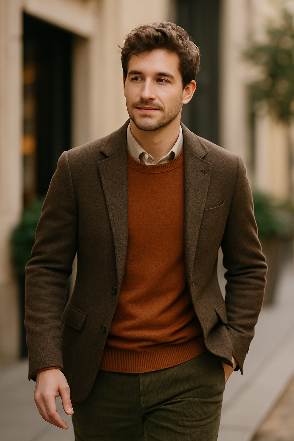 A man wearing a brown blazer and rust sweater, walking outdoors in autumn.
