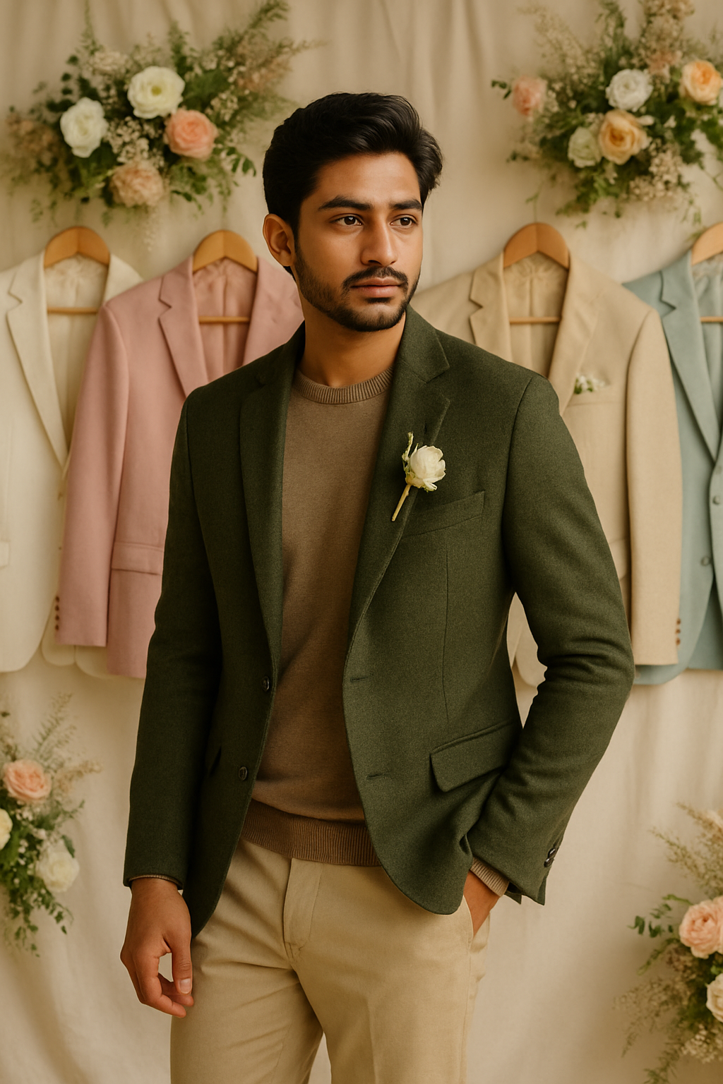 A groom wearing a green blazer with a flower boutonniere, surrounded by pastel-colored blazers.