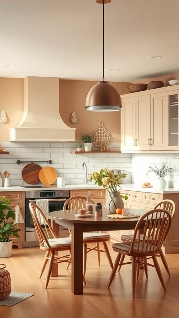 A cozy kitchen with warm beige walls, wooden cabinets, and a round table with chairs.